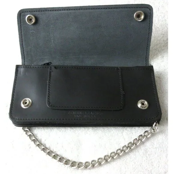 Men's Genuine Leather Skull Skeleton Trucker Snap Chain Wallet Black USA Made - Picture 4 of 7